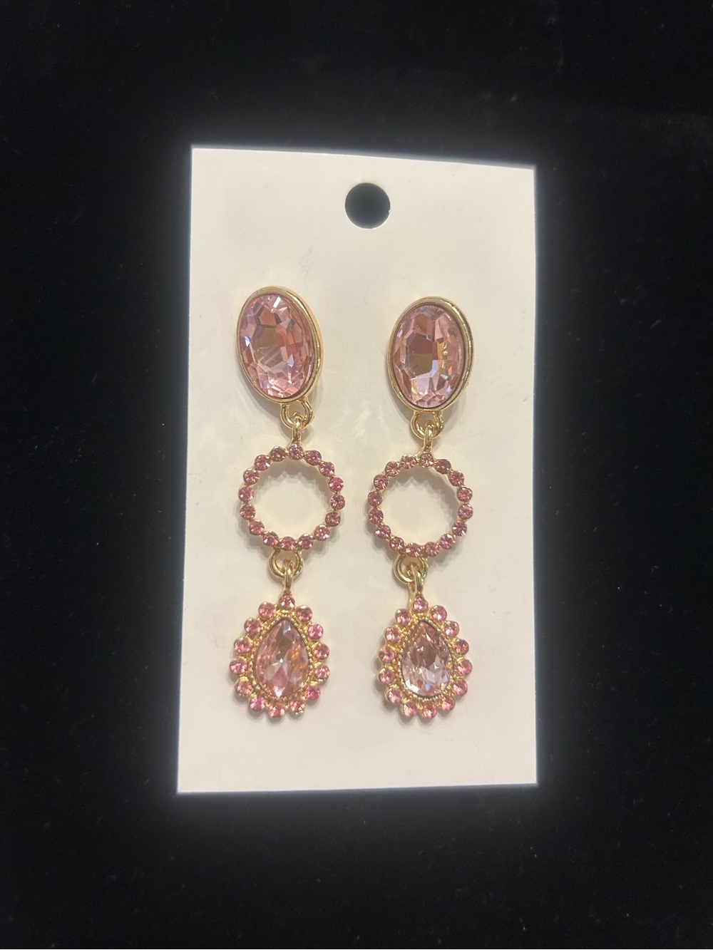 Pink Crystal Rhinestone Gold Tone Statement Drop Earrings